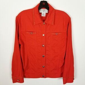 ST. JOHN SPORT Linen Blend Jacket Size S Orange Button Up Gold Studded Career